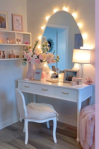 Glamorous White Vanity Table with Oval Bulb Mirror and Gold Hardware