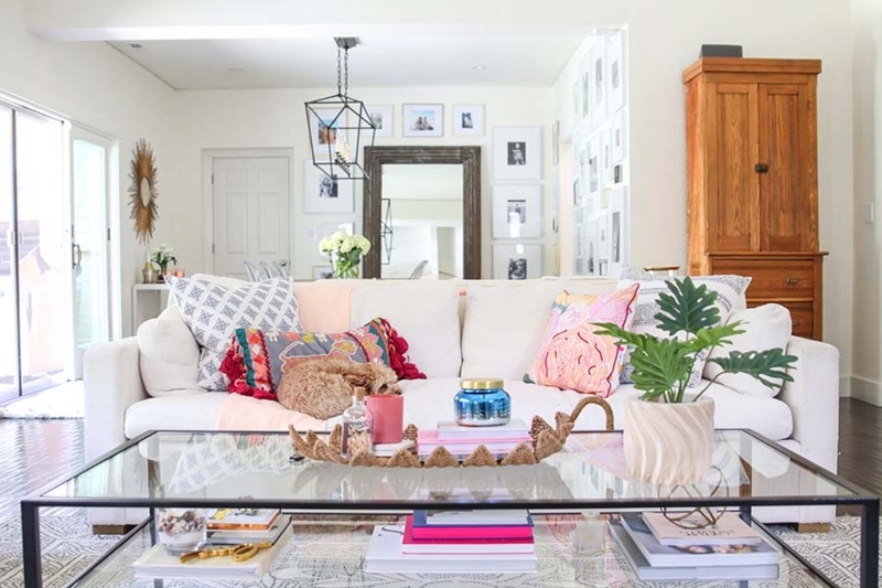 Glass Coffee Table Styling Ideas: Airy Boho Glam Living Room