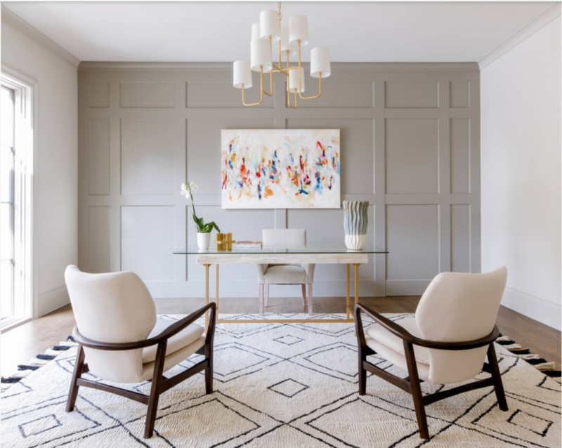 Glass Writing Desk in Transitional Office with Taupe Grid Paneling