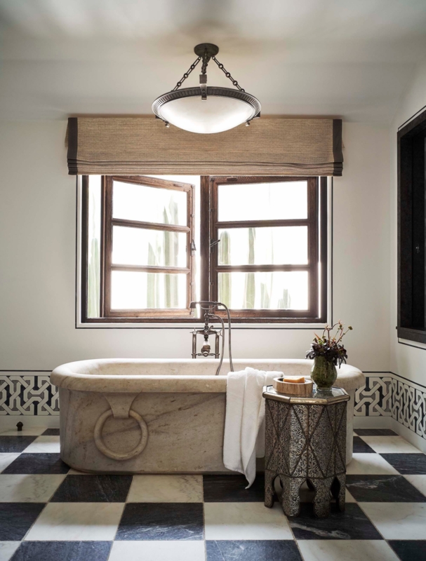 Global Eclectic Bathroom: Carved Stone Tub And Filigree Side Table Design