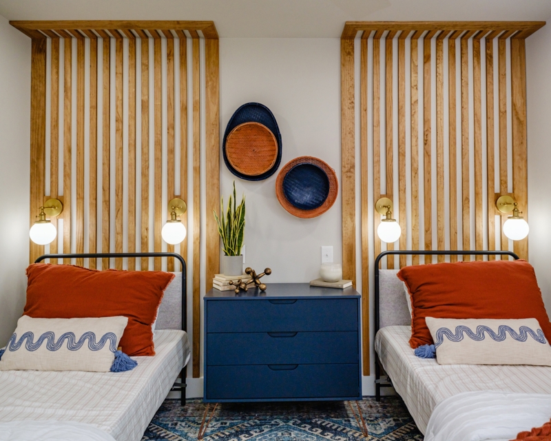Globe Wall Sconce Vertical Wood Slat Accent Wall Navy Blue
