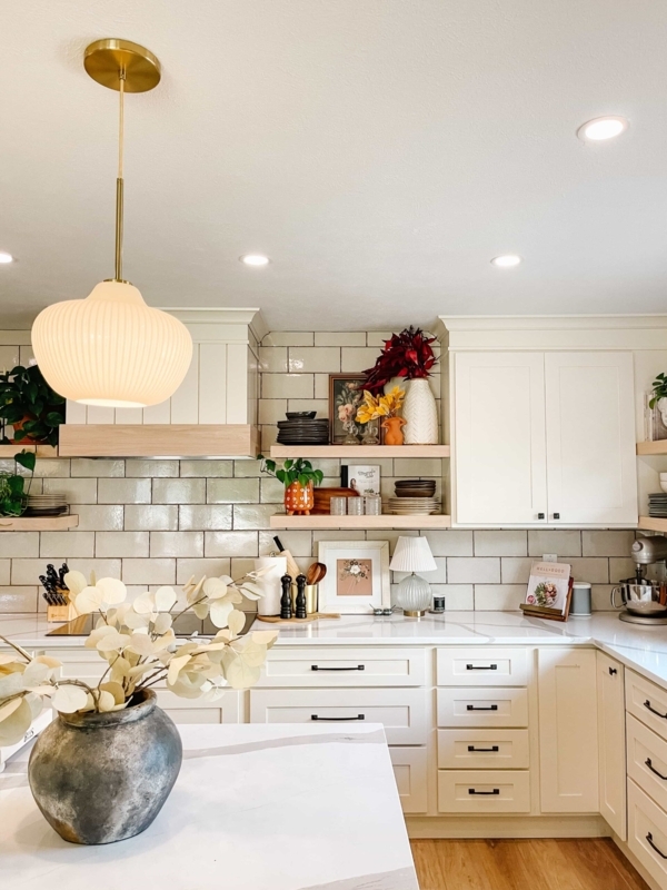 Glossy Sage Subway Tile Backsplash with Ribbed Glass Pendant