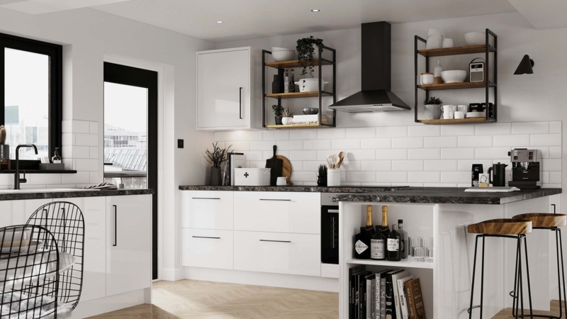 Glossy White Kitchen Cabinets with Herringbone Wood Floor