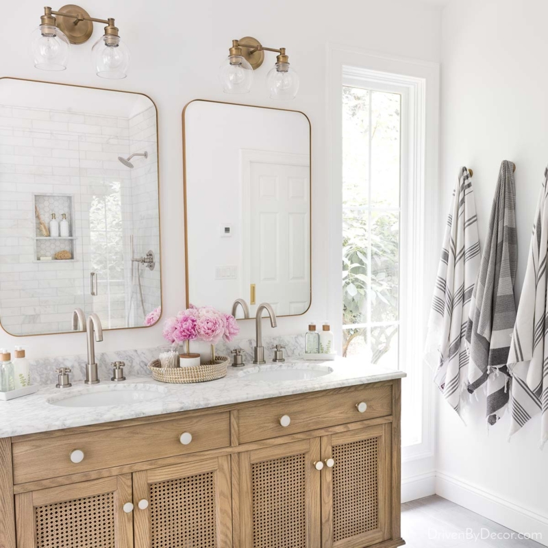 Gold Arched Bathroom Mirror Ideas, Light Wood Vanity With Cane Doors