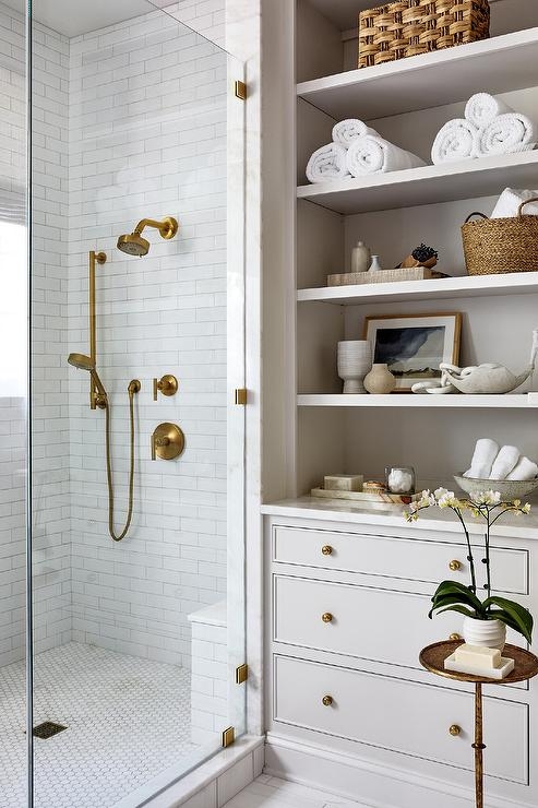Gold Bathroom Hardware Inspiration: Built-in Shelving & Shower