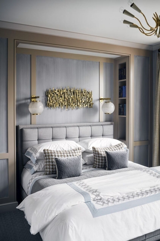 Gold Branch Sculpture over Bed with Spherical Brass Sconces Lighting