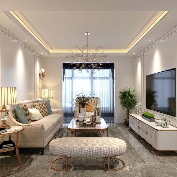 Gold Branched Chandelier in Transitional Glam Living Room