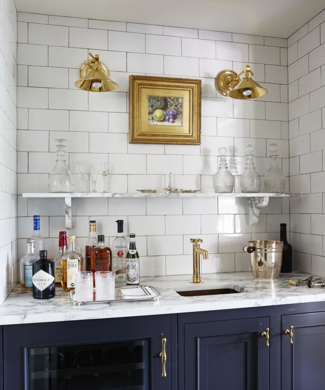 Gold Cone Wall Sconces Kitchen Bar with Navy Blue Cabinetry