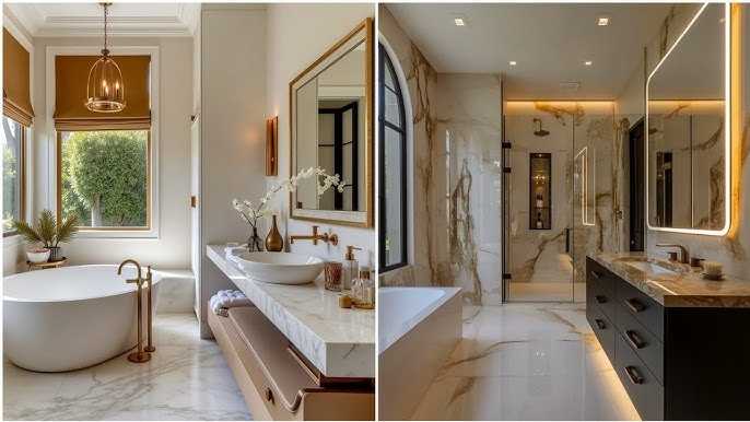 Gold Fixtures in Minimalist Master Bathroom with Full Height Marble
