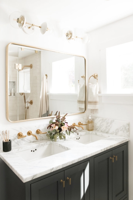 Gold Framed Mirror, Charcoal Double Vanity Marble Top Transitional