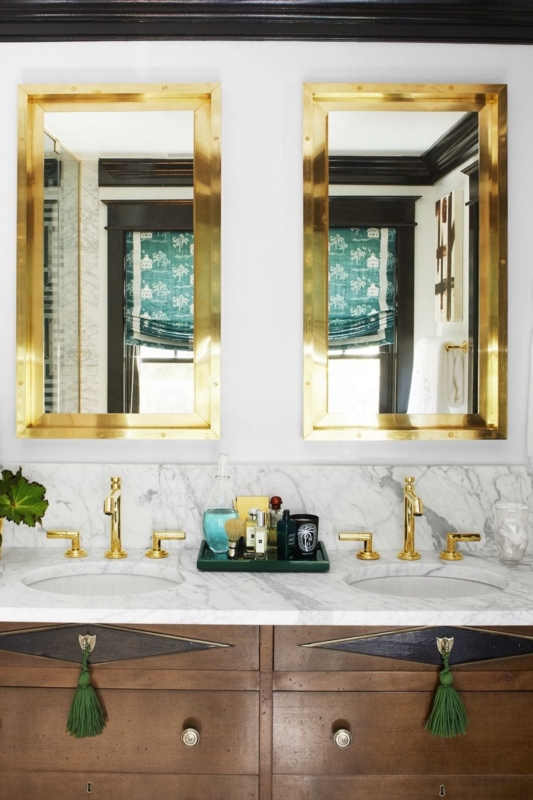 Gold Framed Rectangular Bathroom Mirrors Double Vanity With Gold Accents