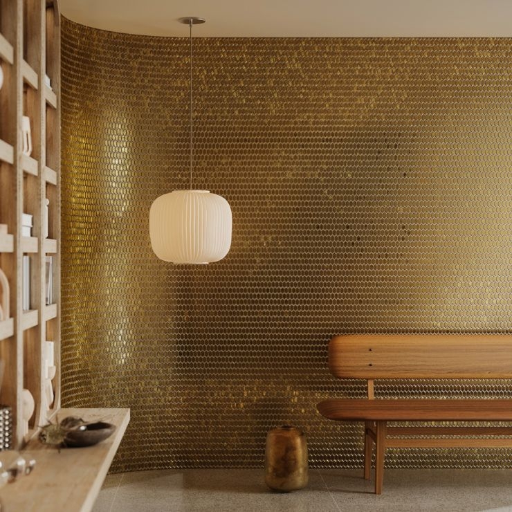Gold Mosaic Accent Wall Ideas with Curved Wall Design