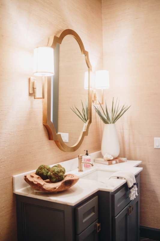 Gold Quatrefoil Mirror and Grasscloth Wallpaper Powder Room Design