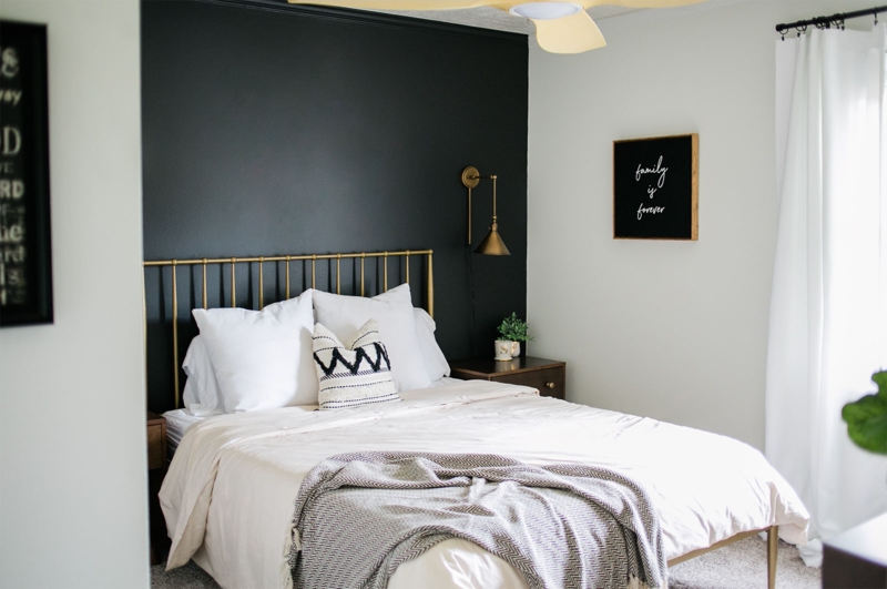 Gold Spindle Bed Frame Monochrome Bedroom | Accent Wall Ideas
