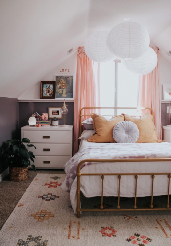 Gold Spindle Bed in Boho Attic Bedroom with Paper Lanterns