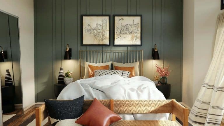 Gold Spindle Headboard Design with Vertical Wall Paneling and Sconces.