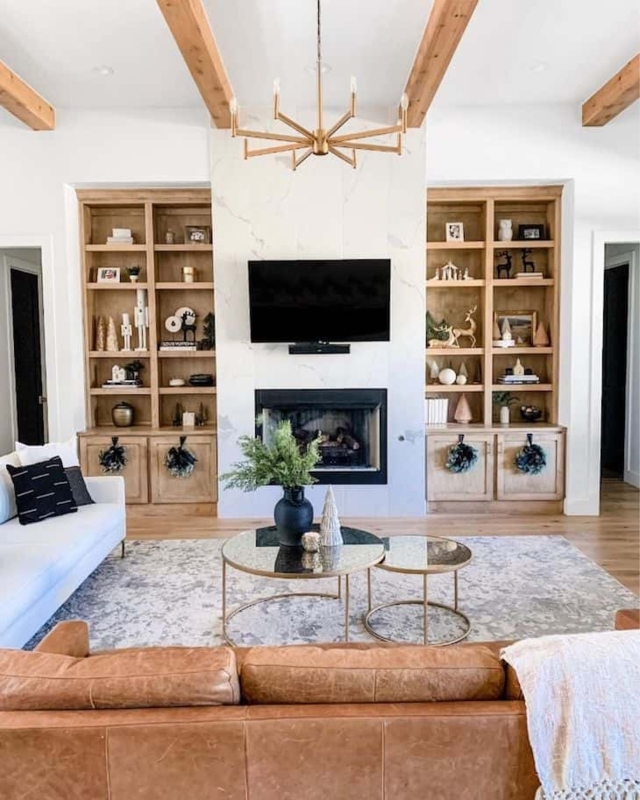 Gold Sputnik Chandelier with Stone Fireplace Wall