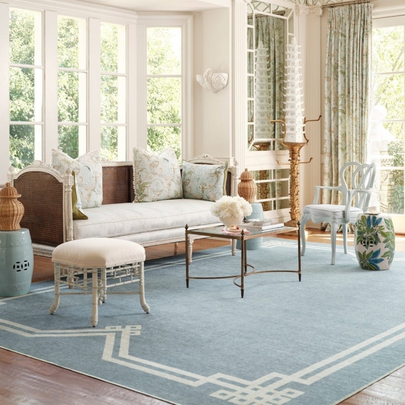Grandmillennial Style: Chambray Blue Area Rug with Fretwork Border