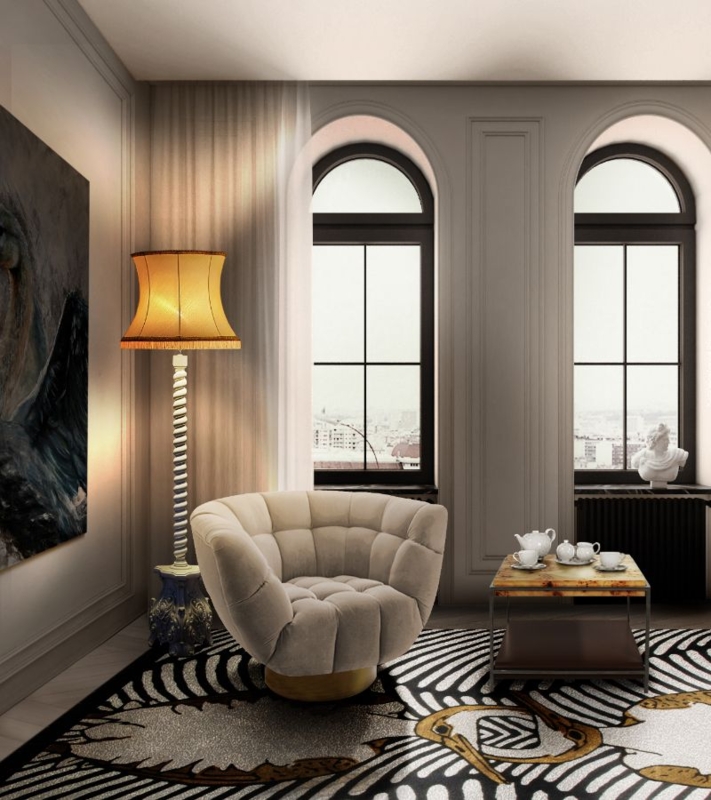 Graphic Area Rug Design with a Tufted Scalloped Accent Chair.