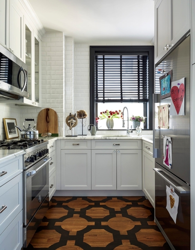 Graphic Kitchen Floor: Geometric Wood Inlay with Black Window Trim