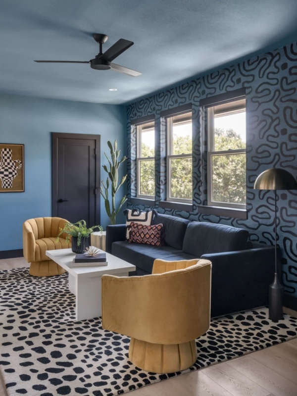 Graphic Squiggle Accent Wall: Mustard Yellow and Navy Lounge Decor