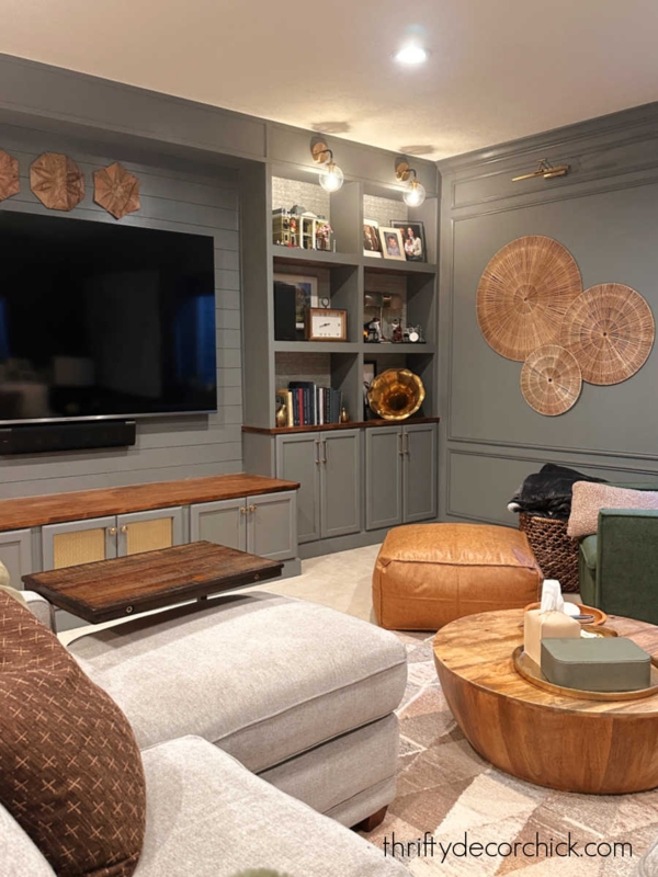 Gray Built-In Shelving with Shiplap Backing and Woven Basket Decor