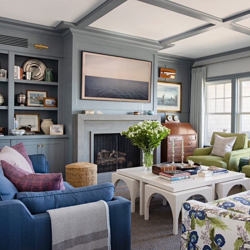 Gray Coffered Ceiling Coastal Living Room Design