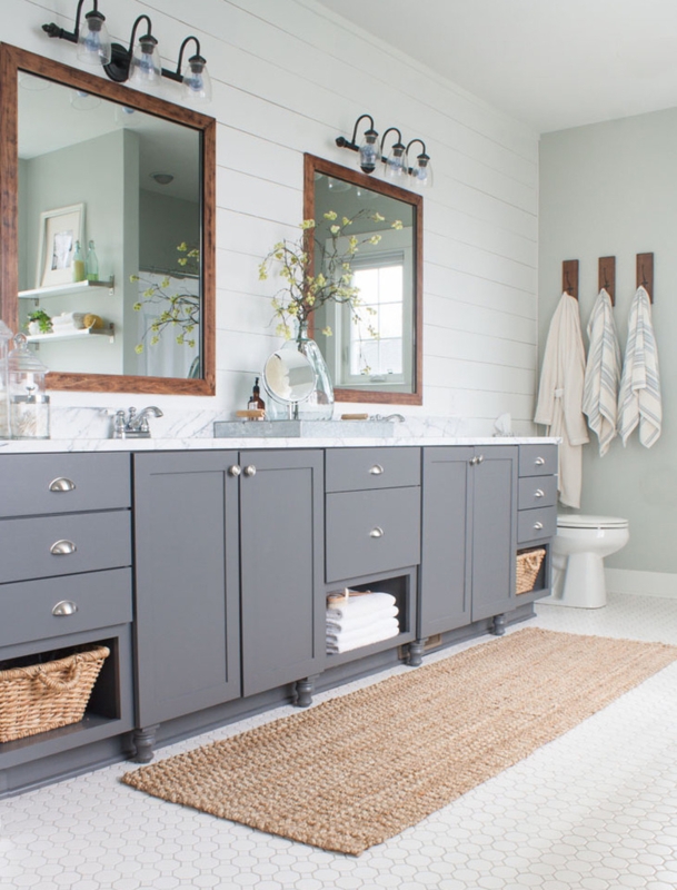 Gray Double Vanity with Shiplap Walls & Wood Framed Mirrors