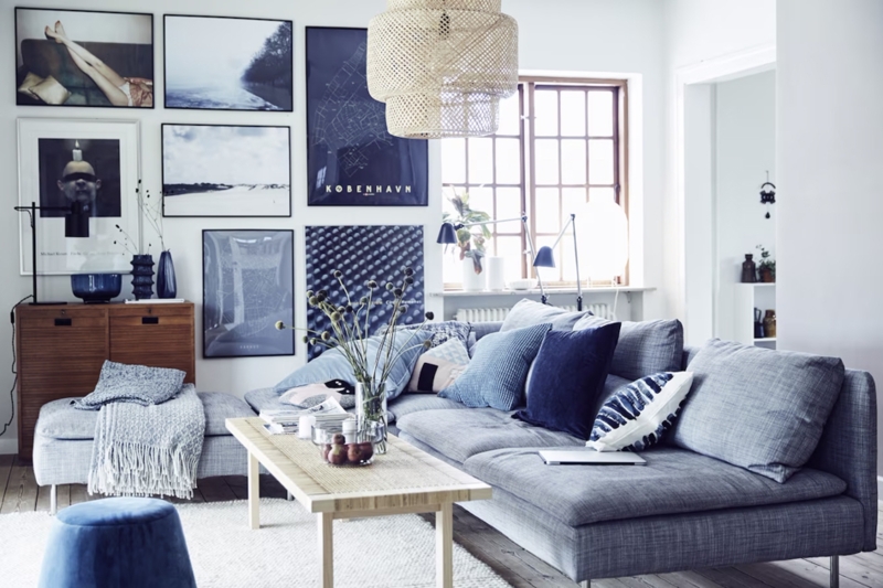Gray Sectional Sofa Blue Accents with Large Tiered Rattan Pendant Light