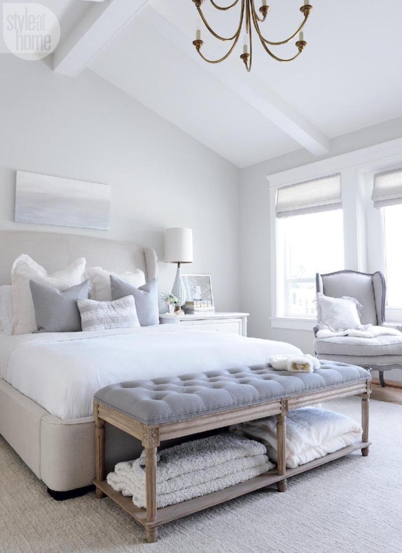 Gray Tufted Bedroom Bench with Open Wood Storage Shelf