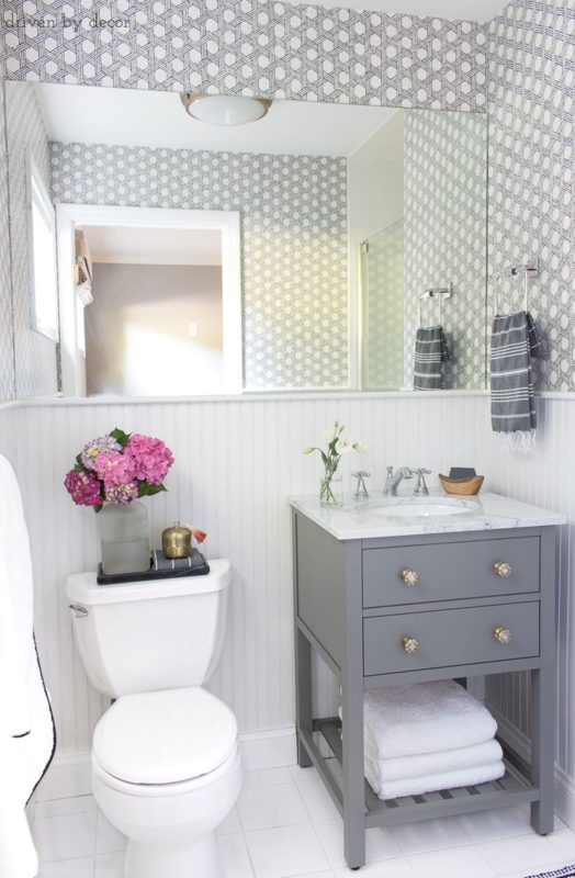 Gray Vanity with Open Shelf, White Beadboard and Geometric Wallpaper