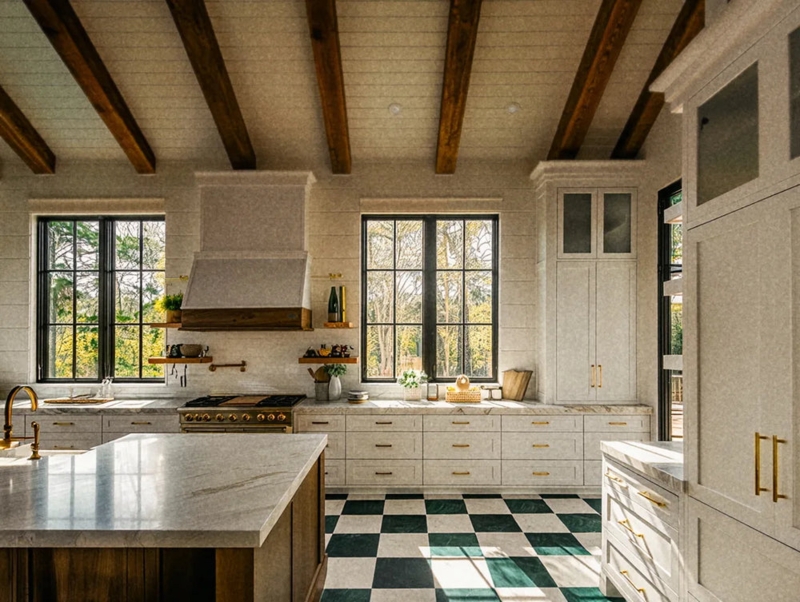 Green and White Checkered Kitchen Floor with Wood Beams