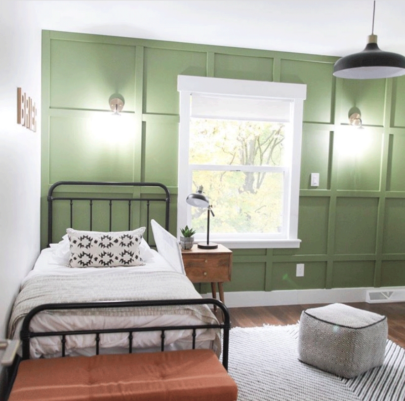 Green Board and Batten Accent Wall Metal Spindle Bed Styling