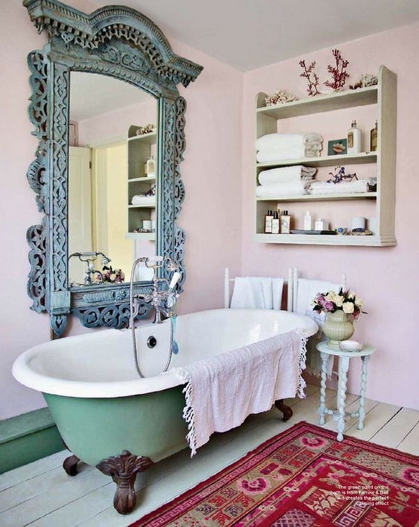 Green Clawfoot Bathtub Design with Oversized Ornate Mirror