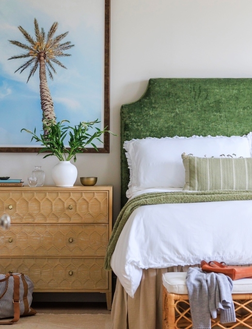 Green Headboard and Honeycomb Carved Dresser in a Tropical Bedroom