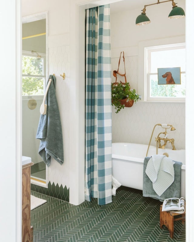 Green Herringbone Tile Floor with Blue Gingham Curtain