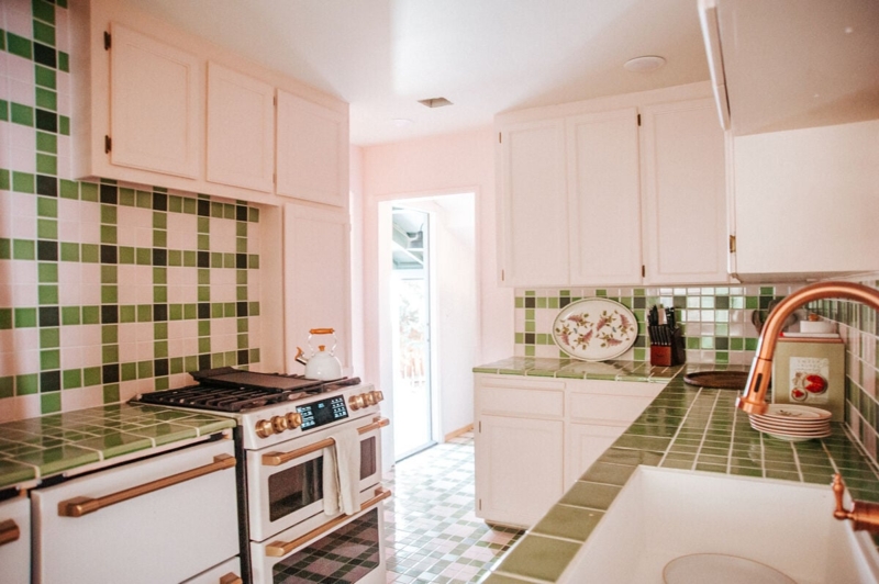 Green Plaid Tile Backsplash With Tiled Countertops