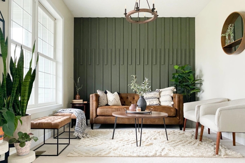 Green Vertical Slat Accent Wall: Cognac Leather Sofa Living Room