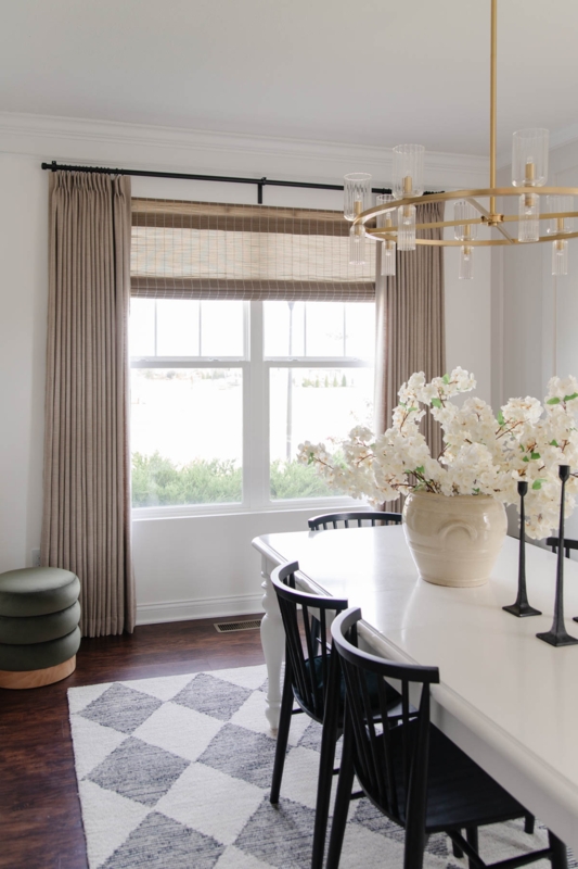 Greige Pinch Pleat Drapes in Transitional Dining Room with Harlequin Rug