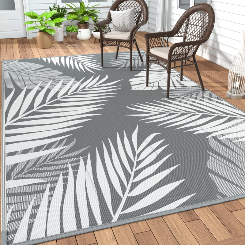 Grey and White Outdoor Rug Reversible Geometric Patio