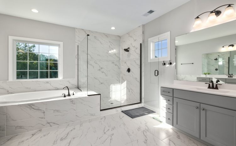 Grey Bathroom Matte Black Fixtures, Grey Shaker Vanity. Grey Vanity Design.