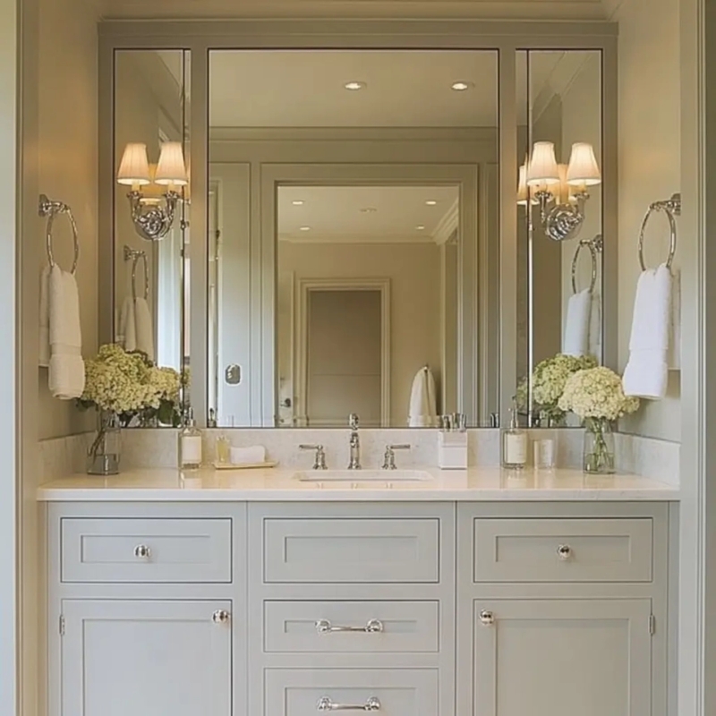 Grey Bathroom Vanity with Tri-Pane Mirror and Symmetrical Lighting