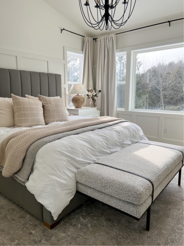 Grey Boucle Upholstered Bench with Black Metal Legs