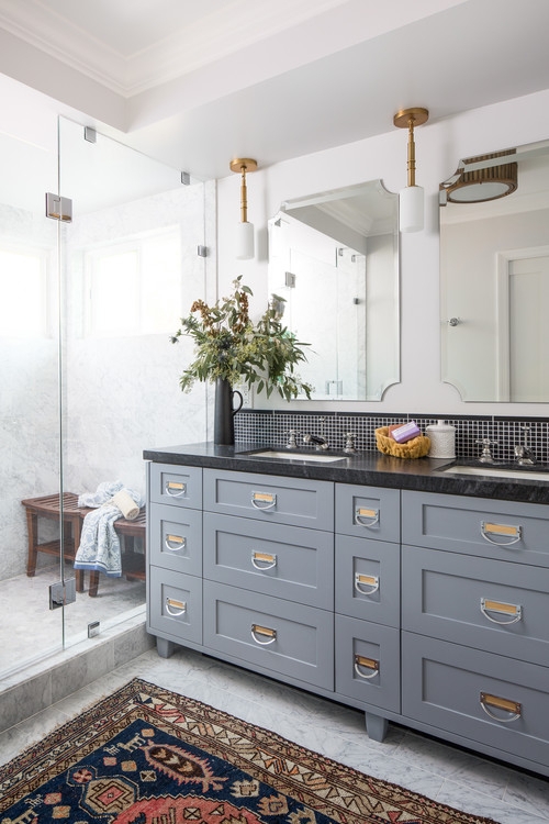Grey Double Vanity with Apothecary Hardware & Oriental Rug