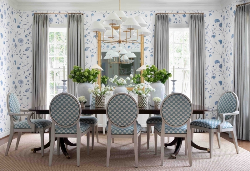 Grey Floor Length Curtains against Blue Floral Wallpaper