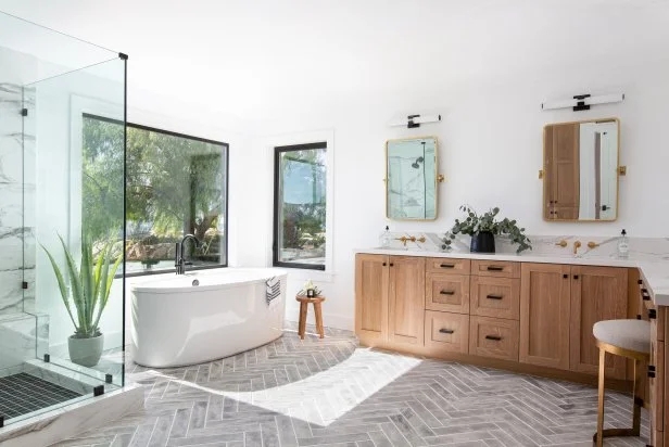 Grey Herringbone Bathroom Tile with Light Wood Vanity