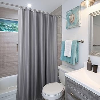 Grey Linen Textured Shower Curtain with Modern Teal Accents