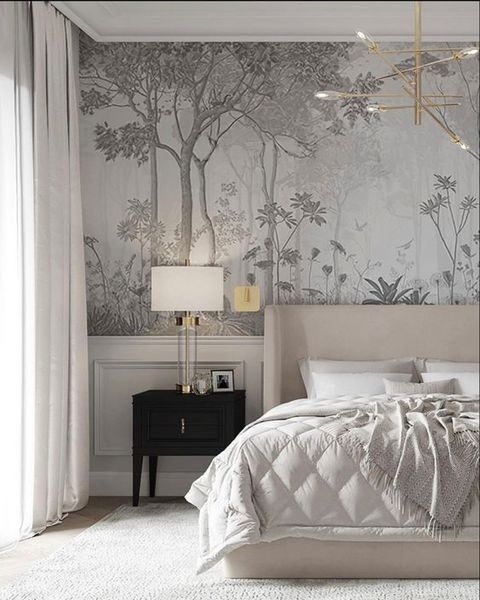 Grey Monochromatic Bedroom with Landscape Mural and Paneled Wainscoting