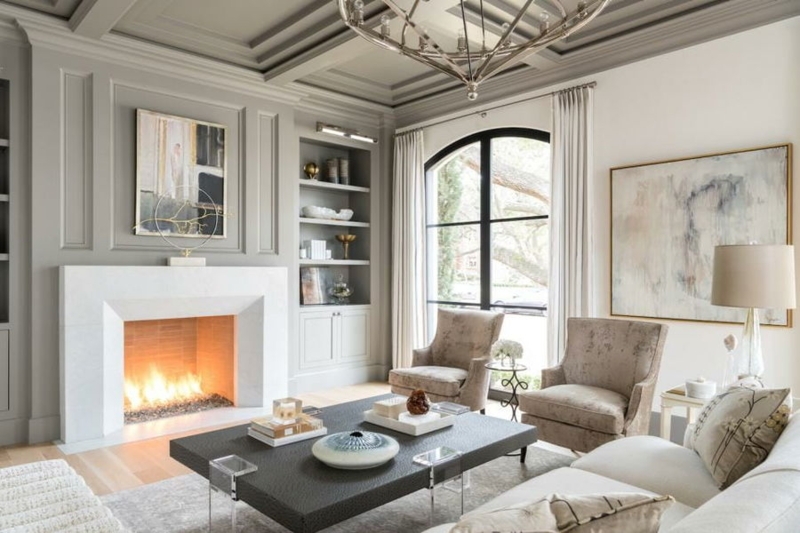 Grey Paneled Wall Styling: Transitional Living Room with Arched Windows