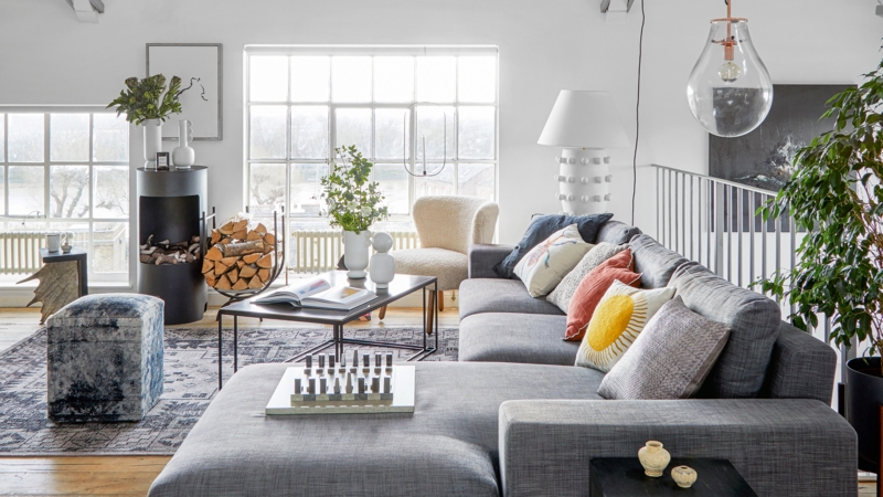 Grey Sectional Sofa Styling Ideas with Oversized Glass Pendant Light